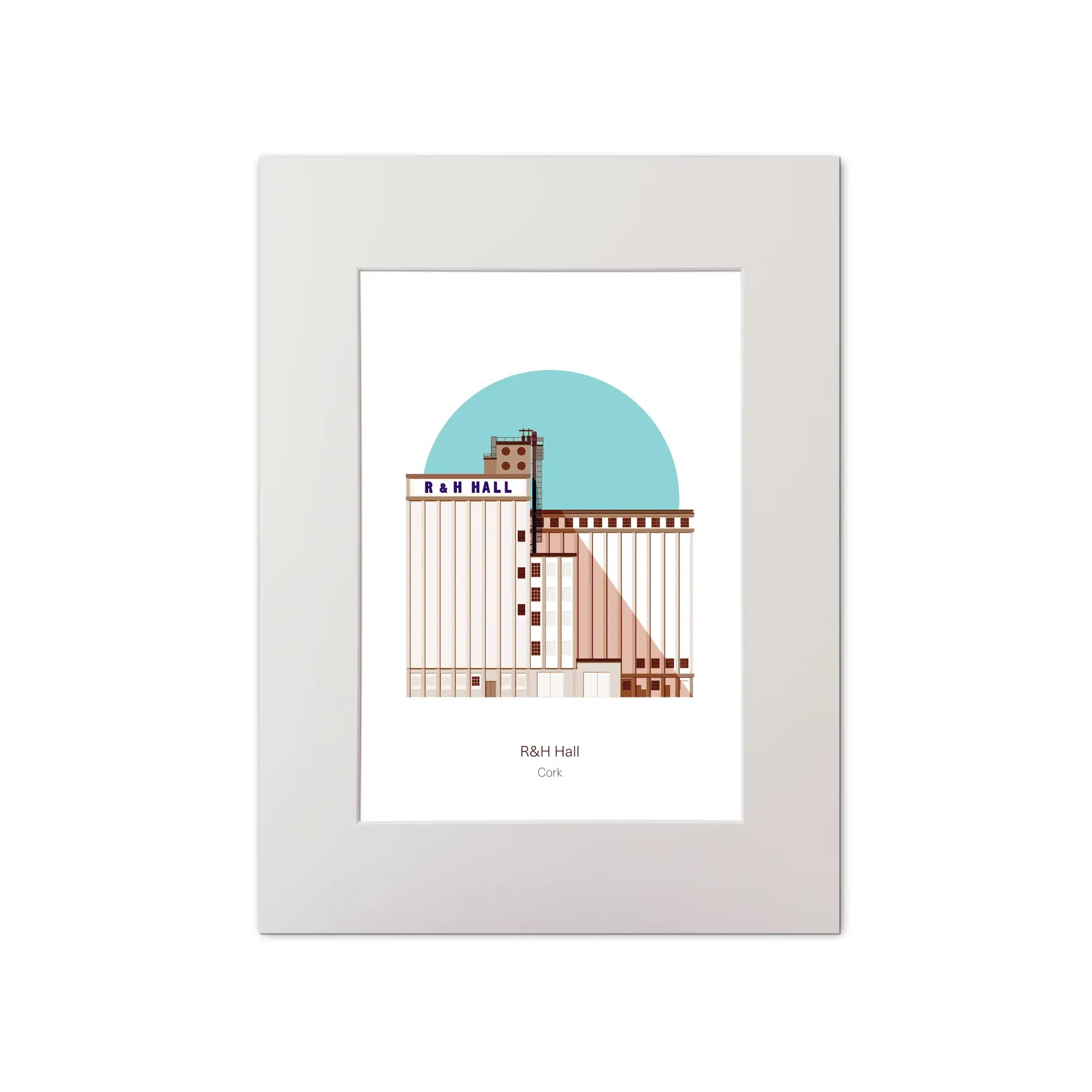 Mounted modren stylised art print of R&H Hall in Port of Cork, with blue background.