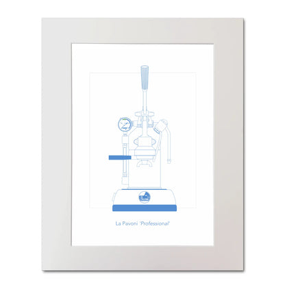 Mounted illustration of a La Pavoni lever coffee machine, front view, line drawing in aqua blue.