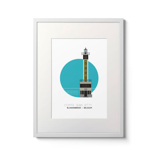 Illustration of the Compte Jean Jetty lighthouse, Blankenberge Belgium. On a white background with aqua blue circle as a backdrop, framed and measuring 30x40cm.