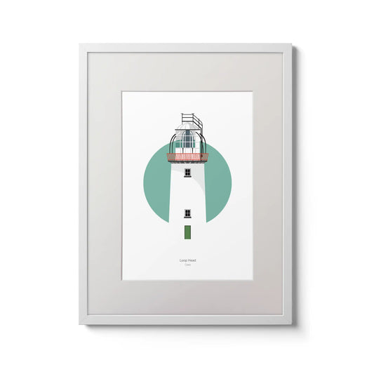 Illustration of Loop Head lighthouse on a white background inside light blue square,  in a white frame measuring 30x40cm.