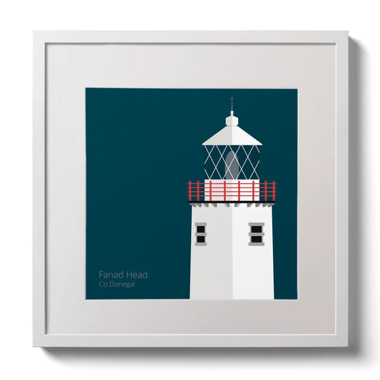Illustration of Fanad Head lighthouse on a midnight blue background,  in a white square frame measuring 30x30cm.