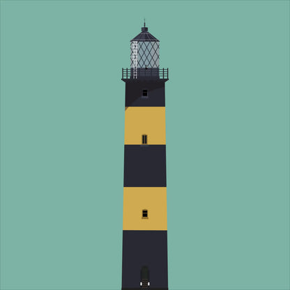 Illustration of St. John's lighthouse on a white background inside light blue square.
