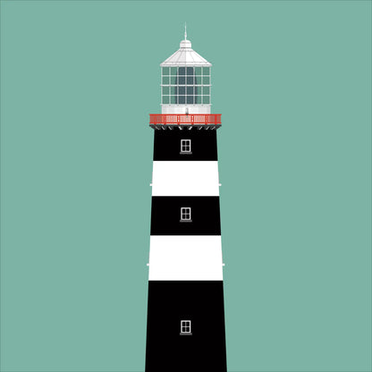 Illustration of Old Head of Kinsale lighthouse on a white background inside light blue square.