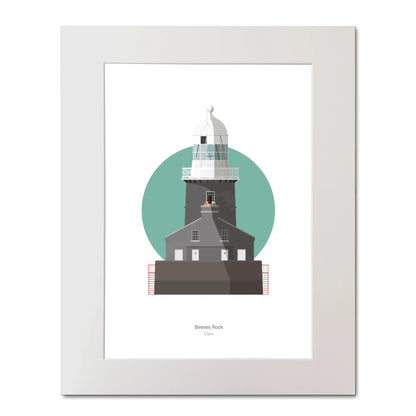 Illustration of Beeves Rock lighthouse on a white background inside light blue square, mounted and measuring 40x50cm.