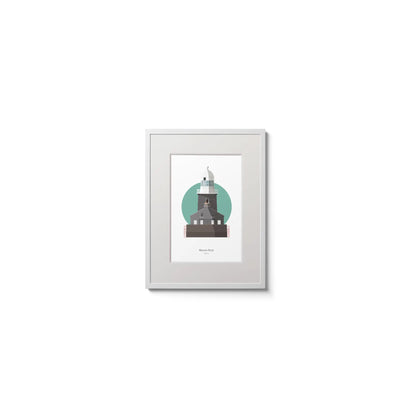 Illustration of Beeves Rock lighthouse on a white background inside light blue square,  in a white frame measuring 15x20cm.