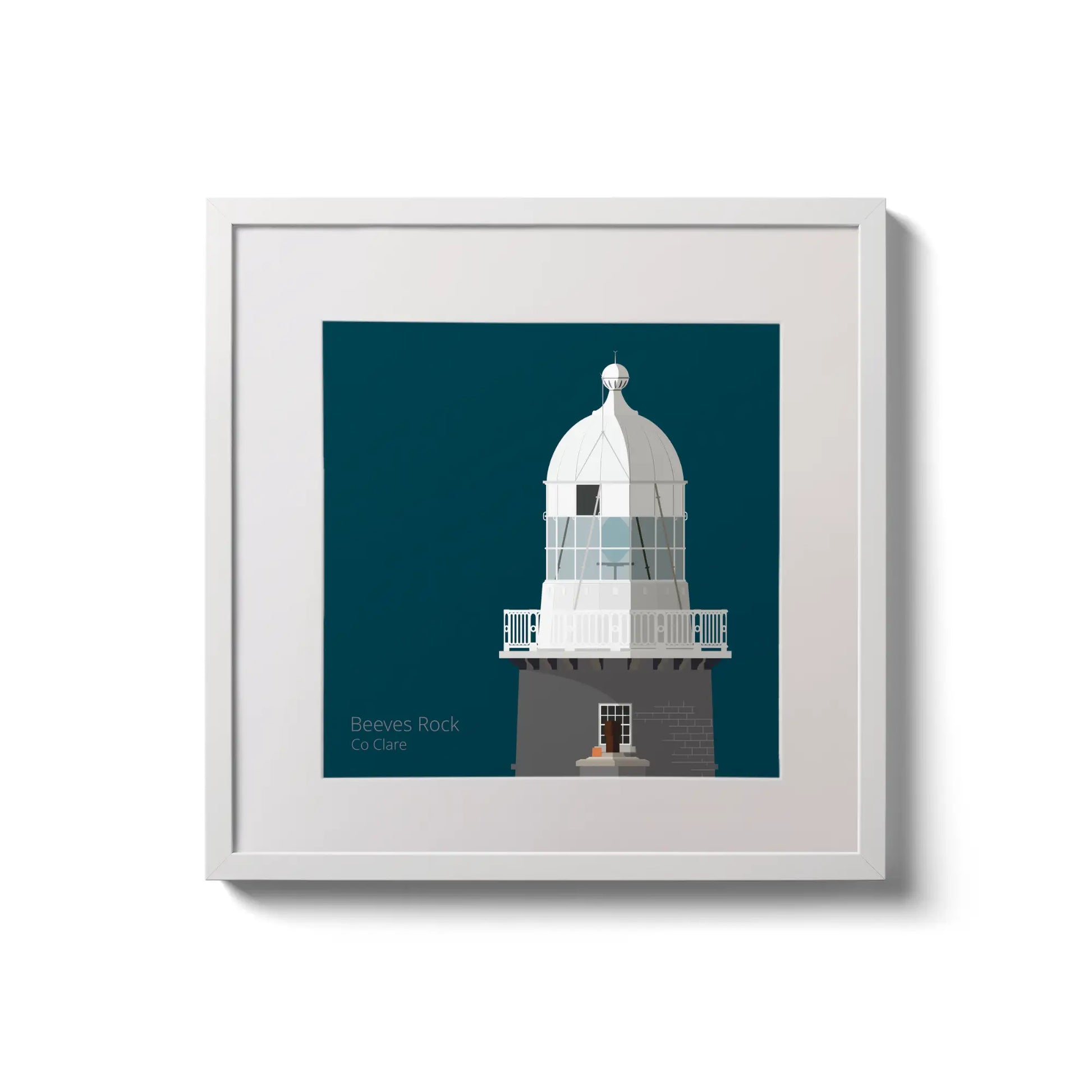 Illustration of Beeves Rock lighthouse on a midnight blue background,  in a white square frame measuring 20x20cm.
