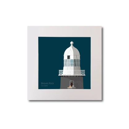 Illustration of Beeves Rock lighthouse on a midnight blue background, mounted and measuring 20x20cm.