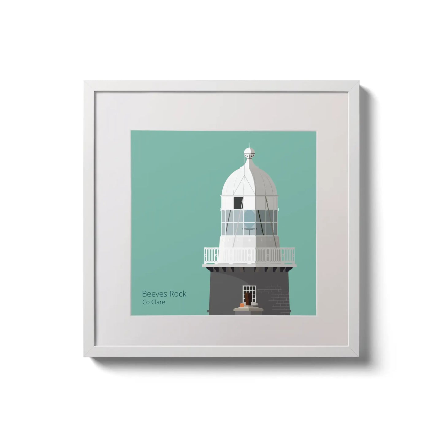 Illustration of Beeves Rock lighthouse on an ocean green background,  in a white square frame measuring 20x20cm.