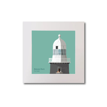 Illustration of Beeves Rock lighthouse on an ocean green background, mounted and measuring 20x20cm.