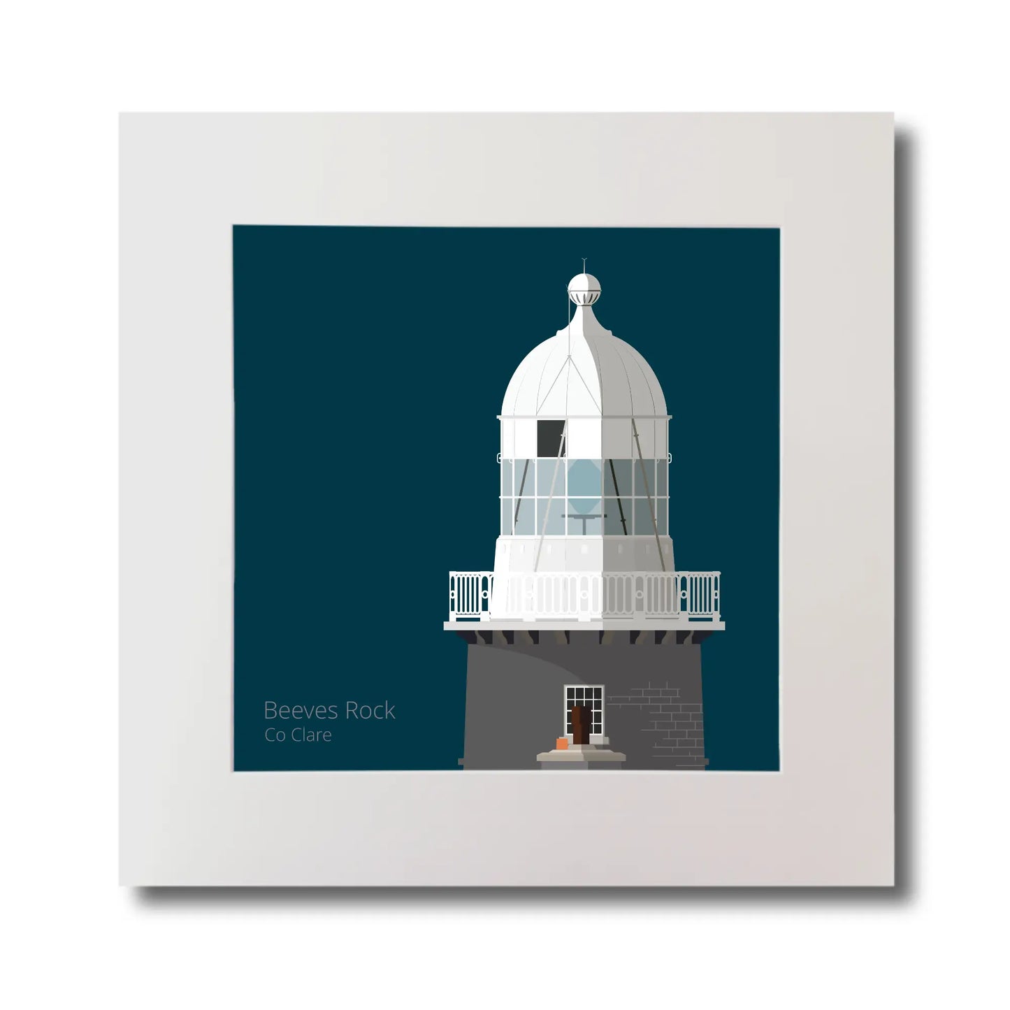 Illustration of Beeves Rock lighthouse on a midnight blue background, mounted and measuring 30x30cm.