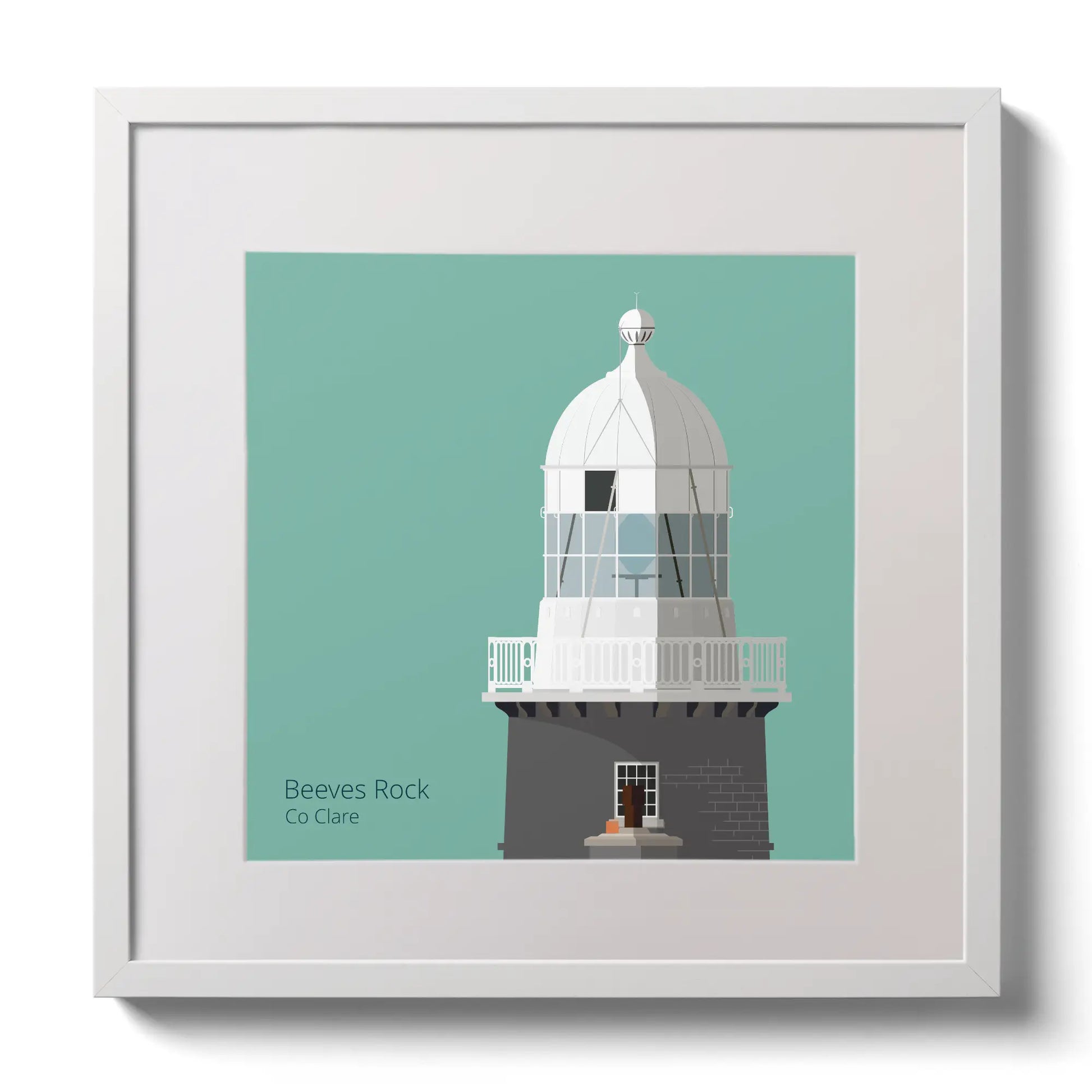 Illustration of Beeves Rock lighthouse on an ocean green background,  in a white square frame measuring 30x30cm.