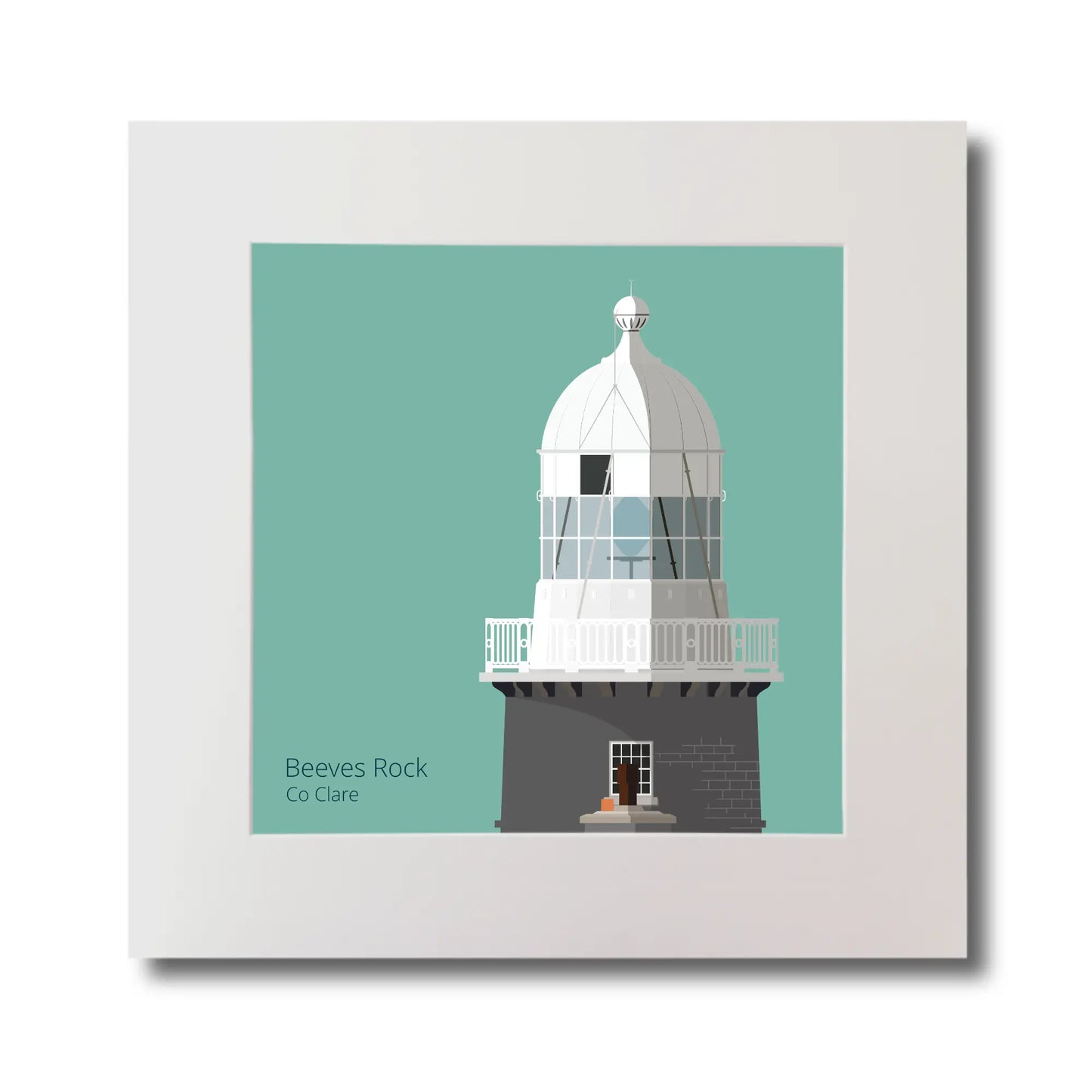 Illustration of Beeves Rock lighthouse on an ocean green background, mounted and measuring 30x30cm.