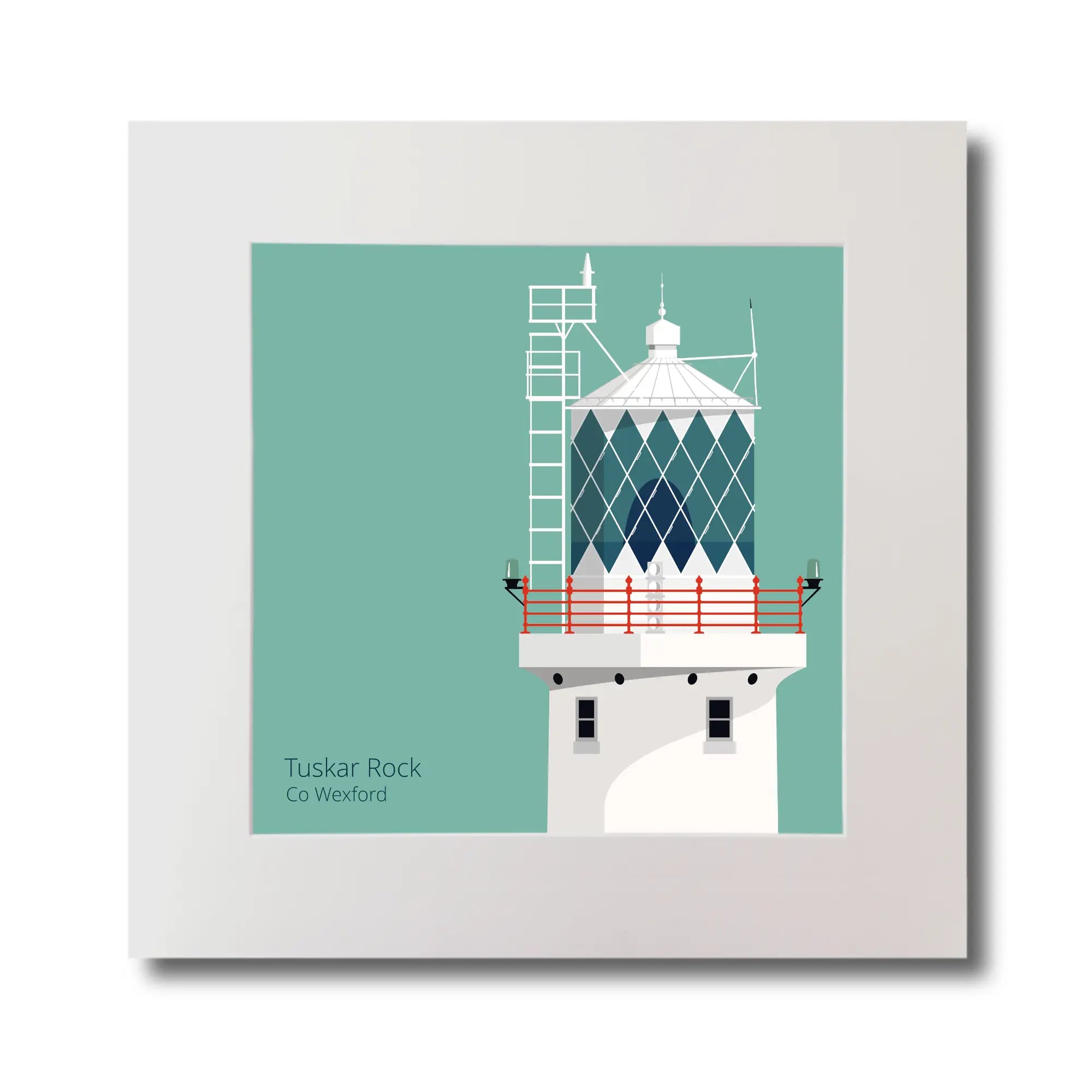 Illustration of Tuskar Rock lighthouse on an ocean green background, mounted and measuring 30x30cm.