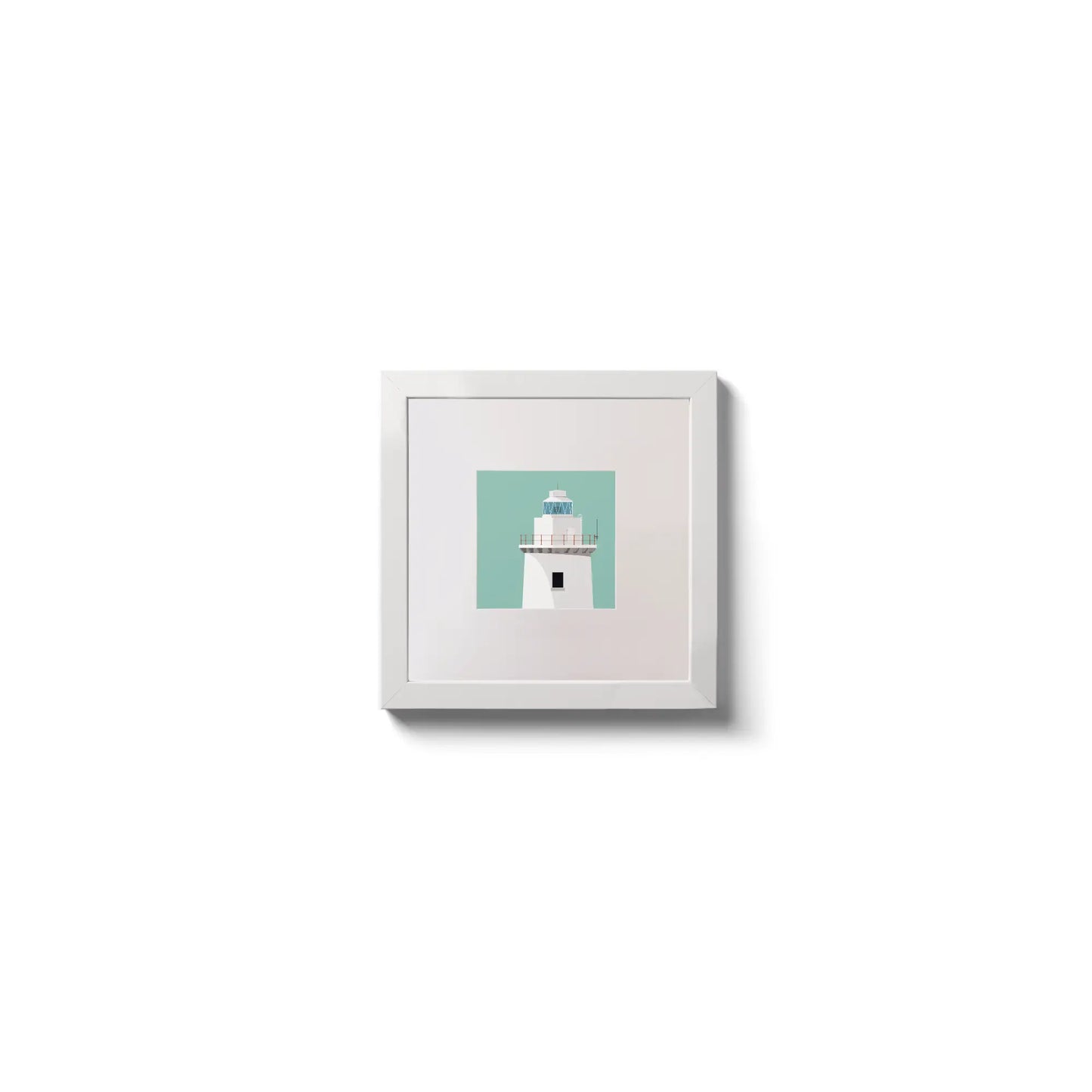 Illustration of Ardnakinna lighthouse on an ocean green background,  in a white square frame measuring 10x10cm.