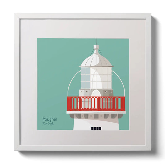 Illustration of Valentia Island lighthouse on an ocean green background,  in a white square frame measuring 30x30cm.
