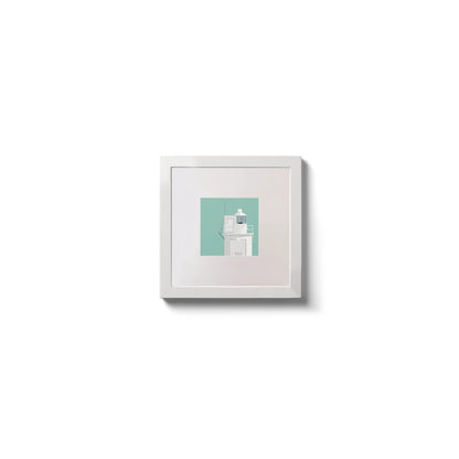 Illustration of Blackhead lighthouse on an ocean green background,  in a white square frame measuring 10x10cm.