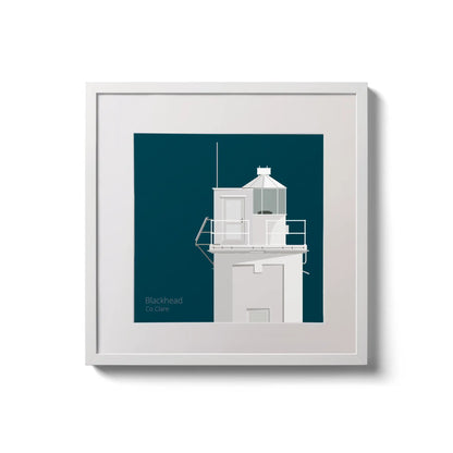 Illustration of Blackhead lighthouse on a midnight blue background,  in a white square frame measuring 20x20cm.