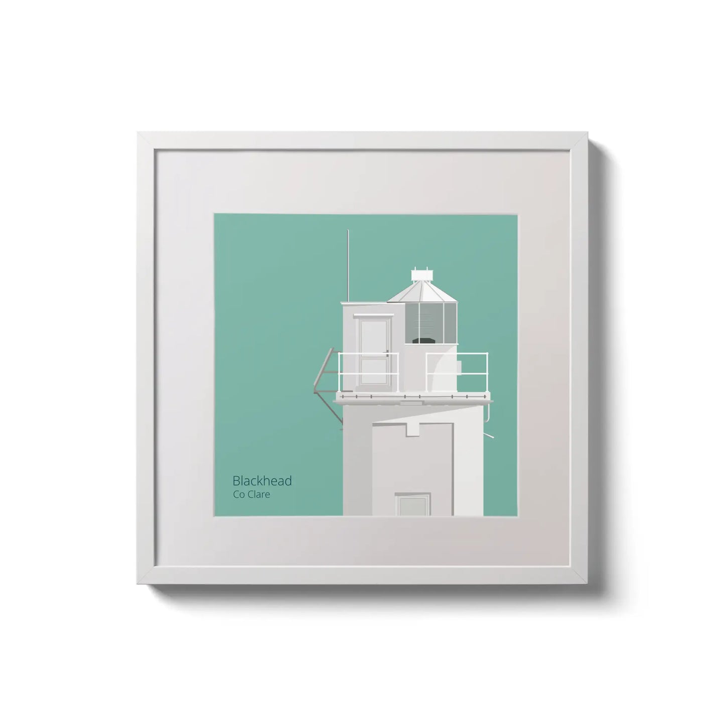 Illustration of Blackhead lighthouse on an ocean green background,  in a white square frame measuring 20x20cm.