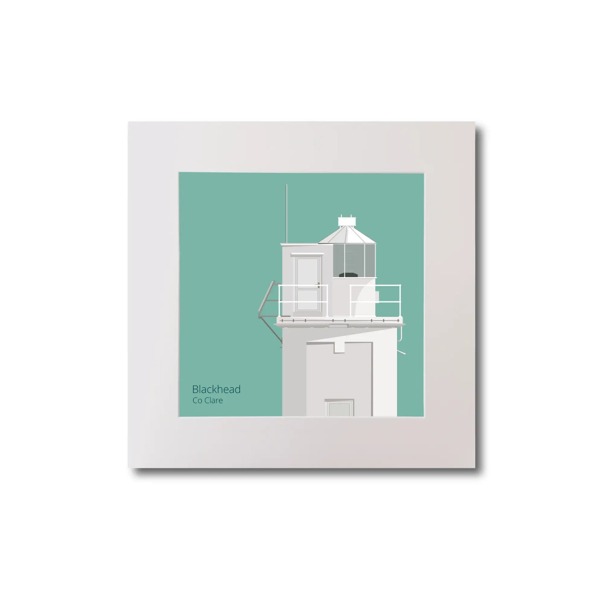 Illustration of Blackhead lighthouse on an ocean green background, mounted and measuring 20x20cm.