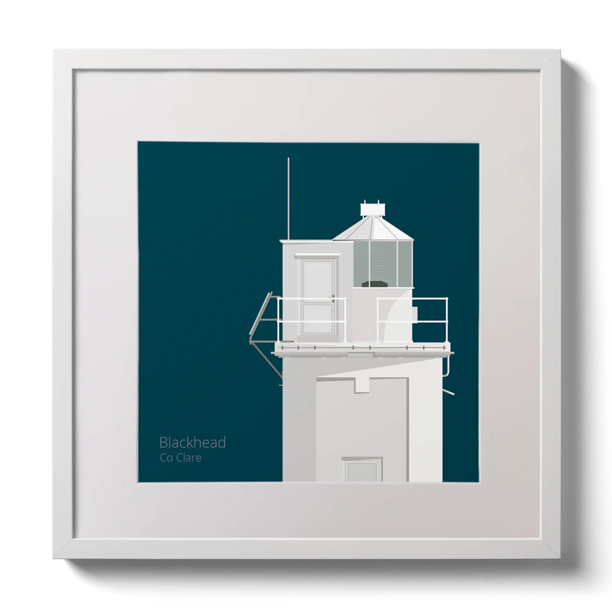 Illustration of Blackhead lighthouse on a midnight blue background,  in a white square frame measuring 30x30cm.