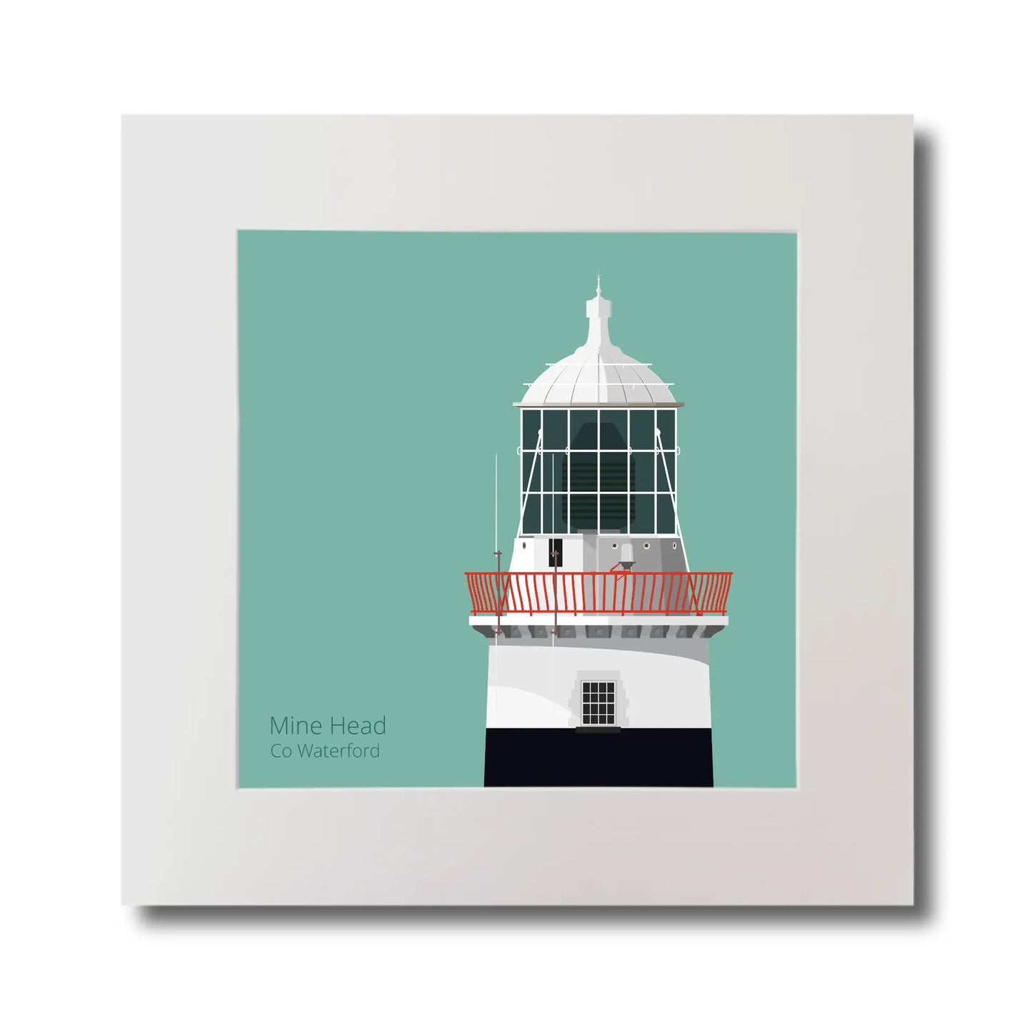 Illustration of Mine Head lighthouse on an ocean green background, mounted and measuring 30x30cm.