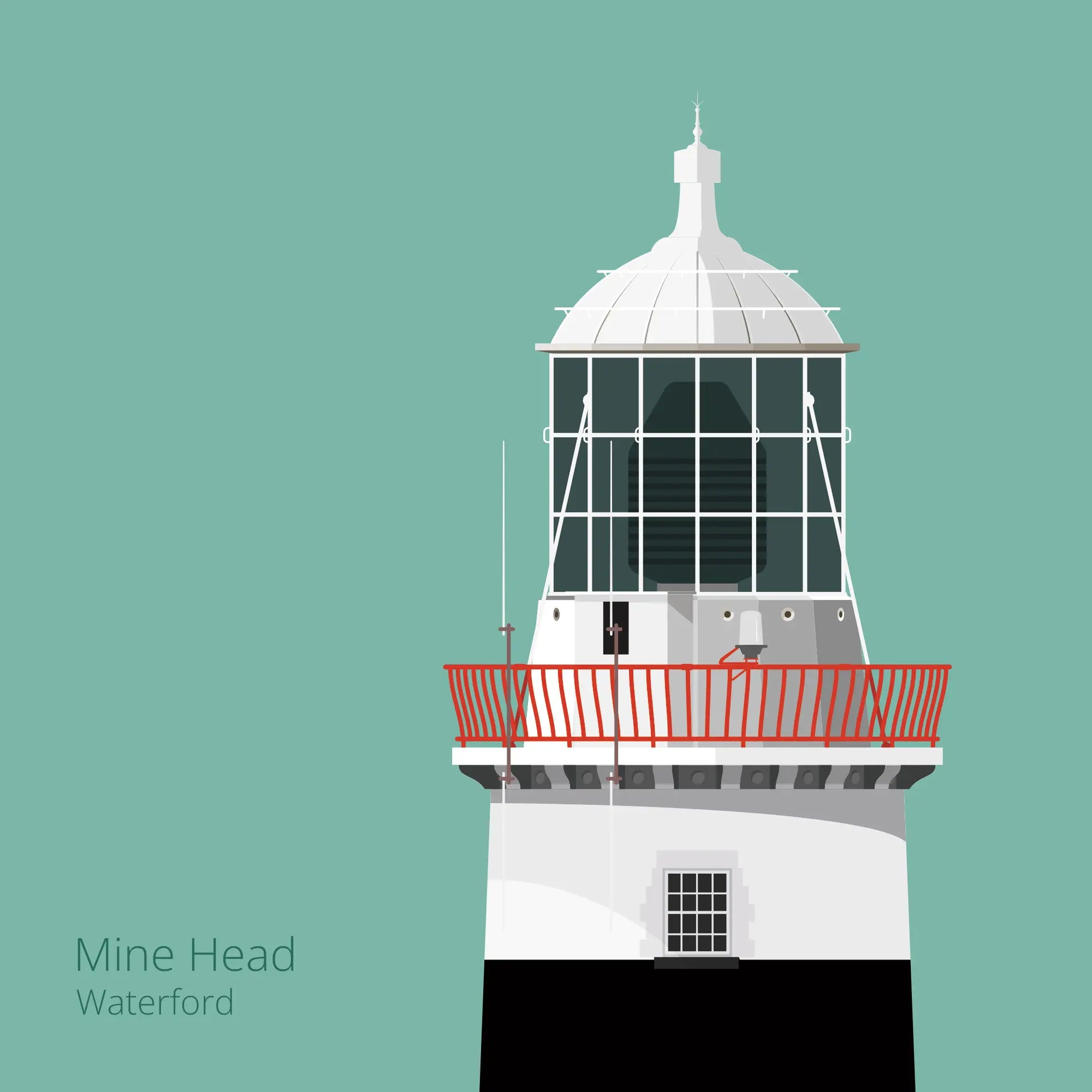 Illustration of Mine Head lighthouse on an ocean green background