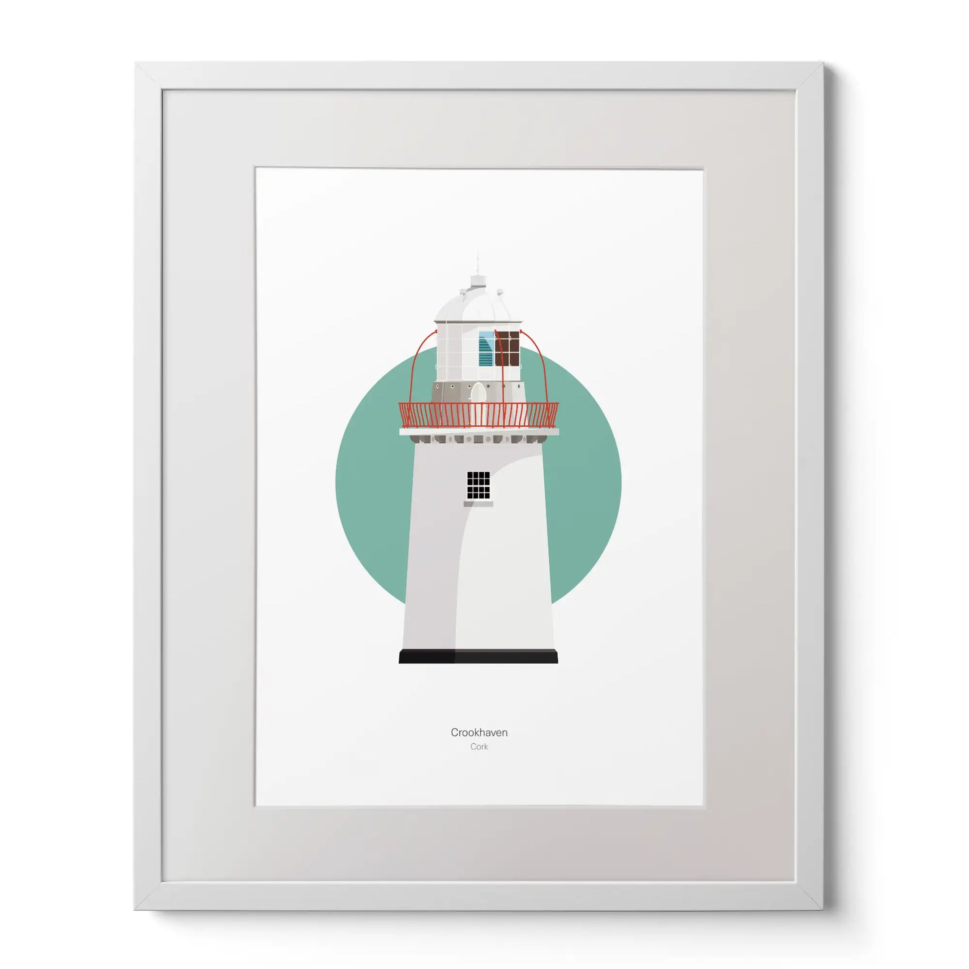 Illustration of Crookhaven lighthouse on a white background inside light blue square,  in a white frame measuring 40x50cm.