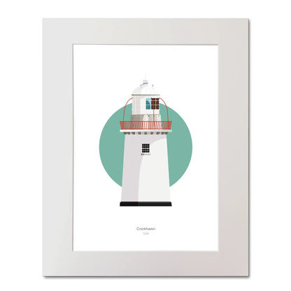 Illustration of Crookhaven lighthouse on a white background inside light blue square, mounted and measuring 40x50cm.