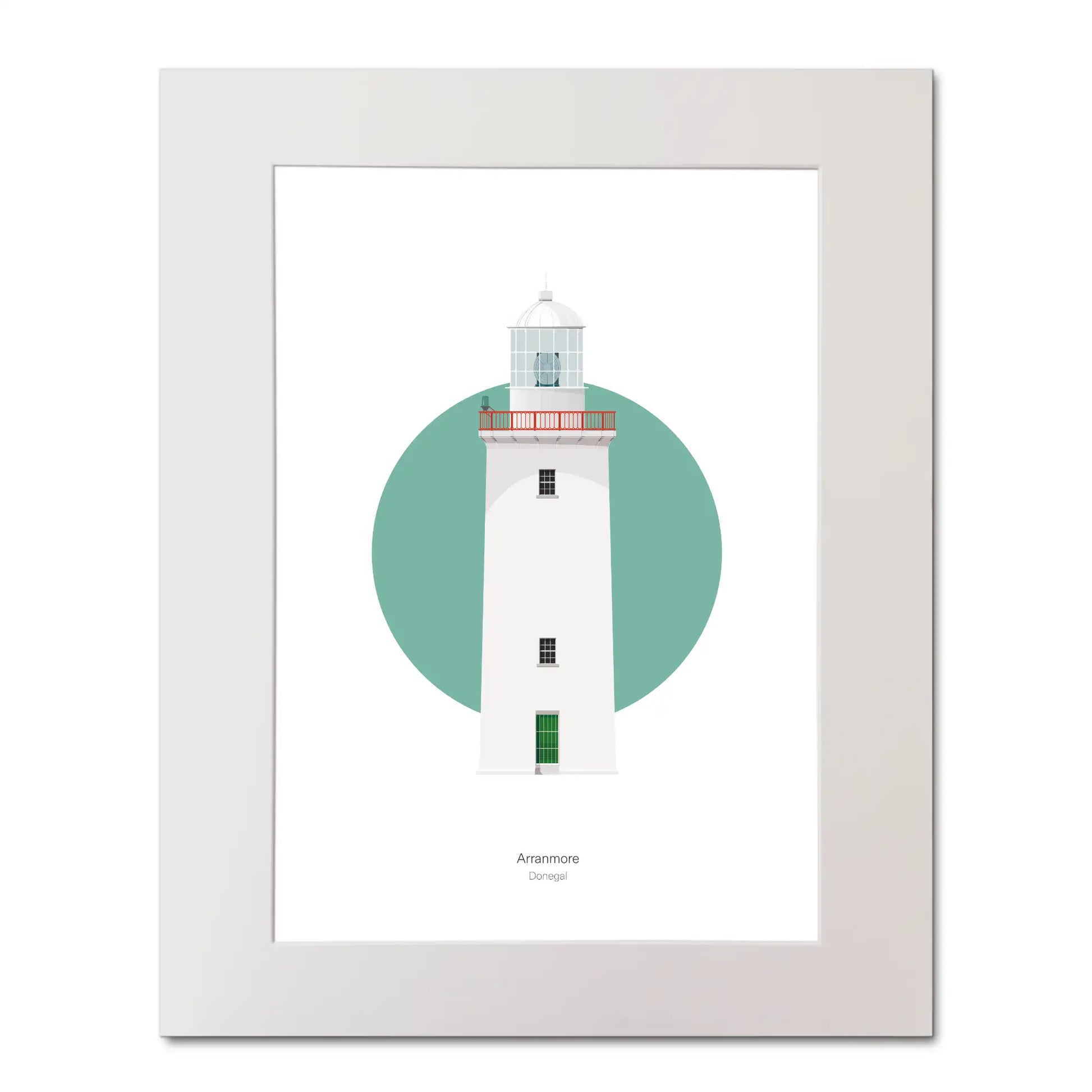 Illustration of Arranmore lighthouse on a white background inside light blue square, mounted and measuring 40x50cm.