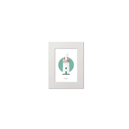 Illustration of Broadhaven lighthouse on a white background inside light blue square, mounted and measuring 15x20cm.