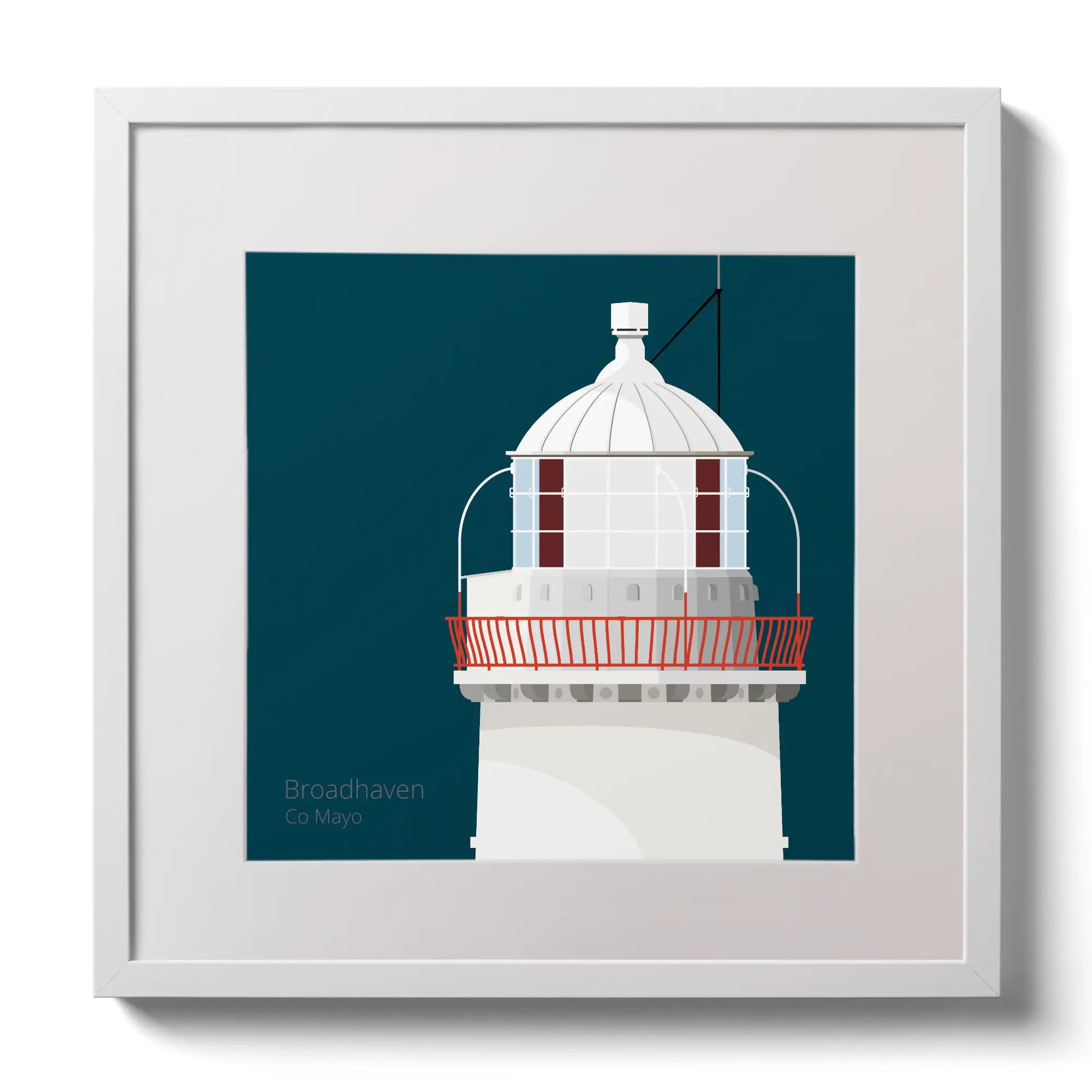 Illustration of Broadhaven lighthouse on a midnight blue background,  in a white square frame measuring 30x30cm.