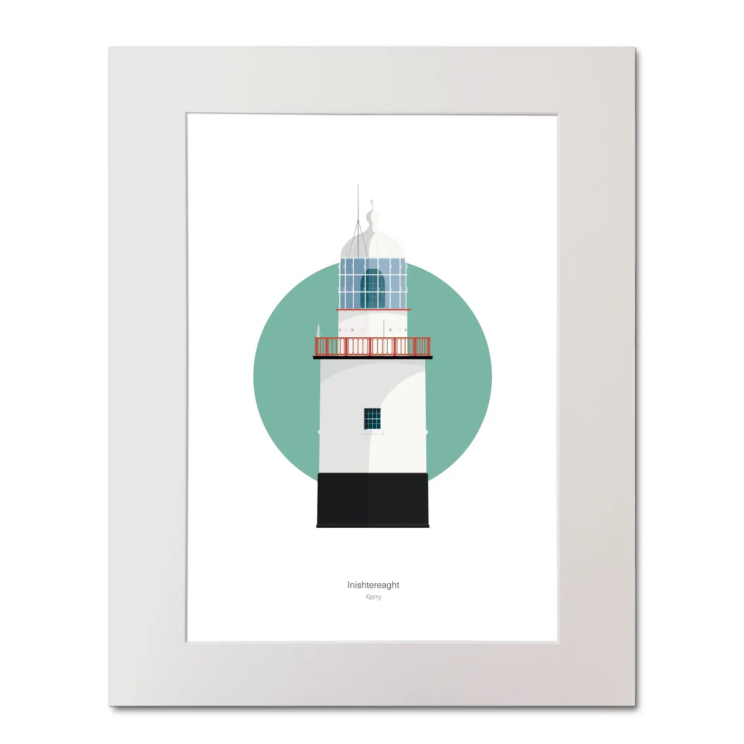 Illustration of Inistearaght lighthouse on a white background inside light blue square,  in a white frame measuring 40x50cm.