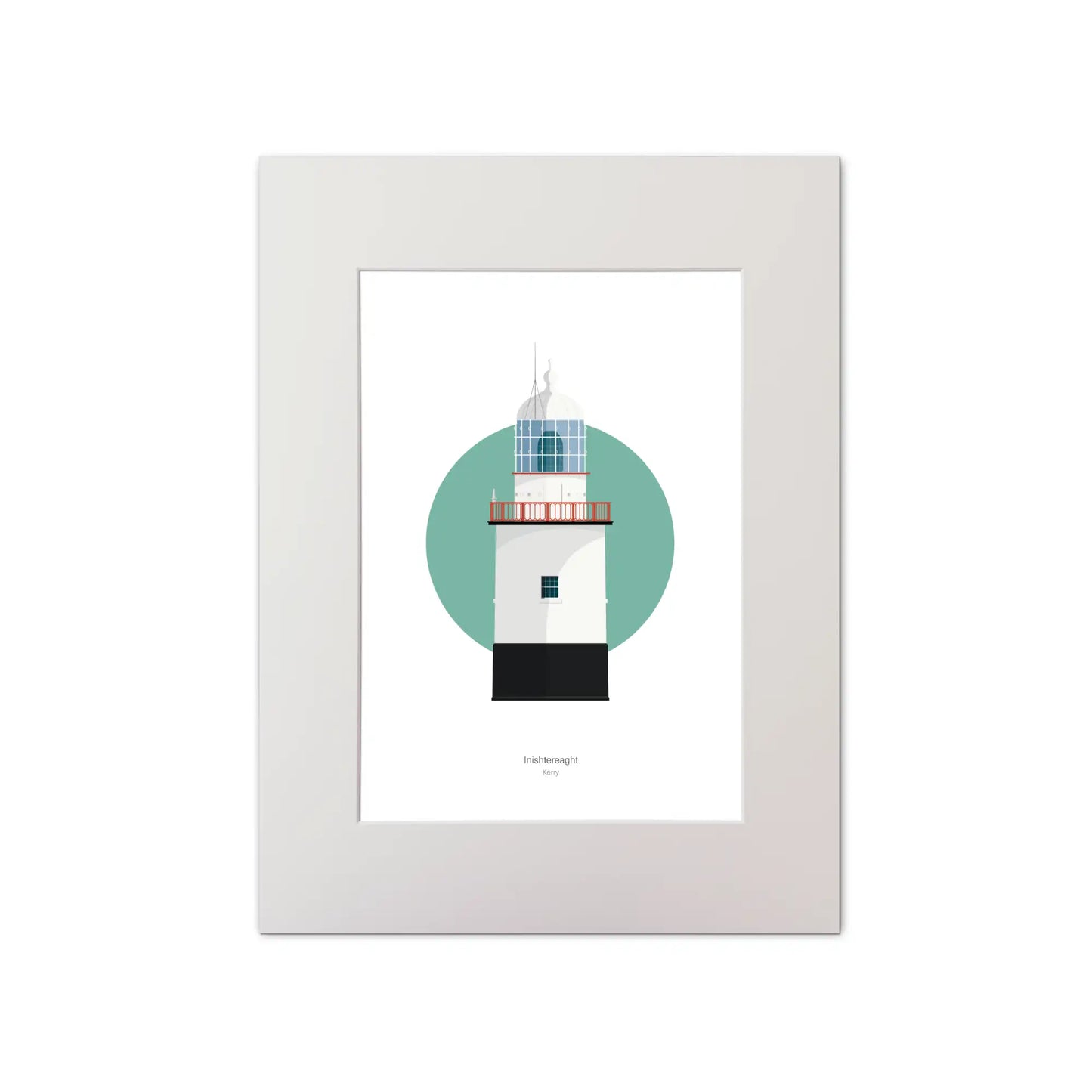 Illustration of Inistearaght lighthouse on a white background inside light blue square, mounted and measuring 30x40cm.