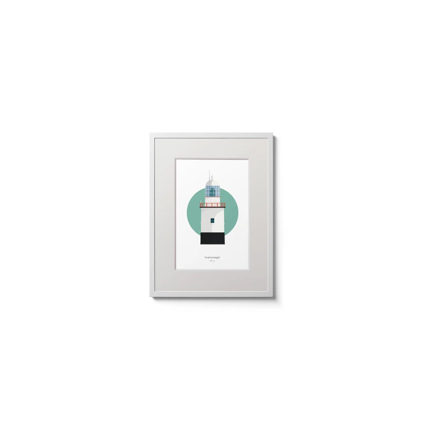 Illustration of Inistearaght lighthouse on a white background inside light blue square,  in a white frame measuring 15x20cm.