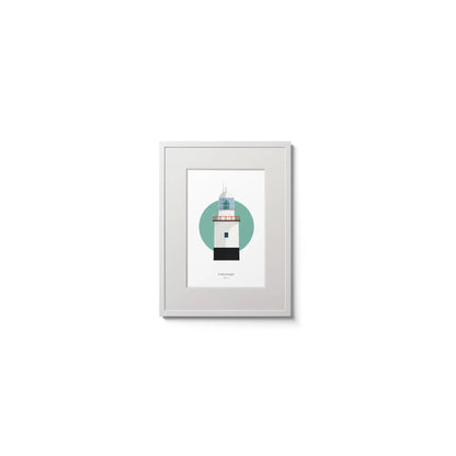 Illustration of Inistearaght lighthouse on a white background inside light blue square,  in a white frame measuring 15x20cm.