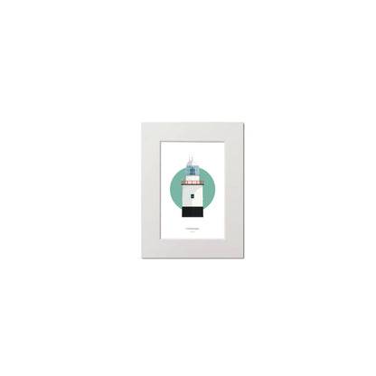 Illustration of Inistearaght lighthouse on a white background inside light blue square, mounted and measuring 15x20cm.
