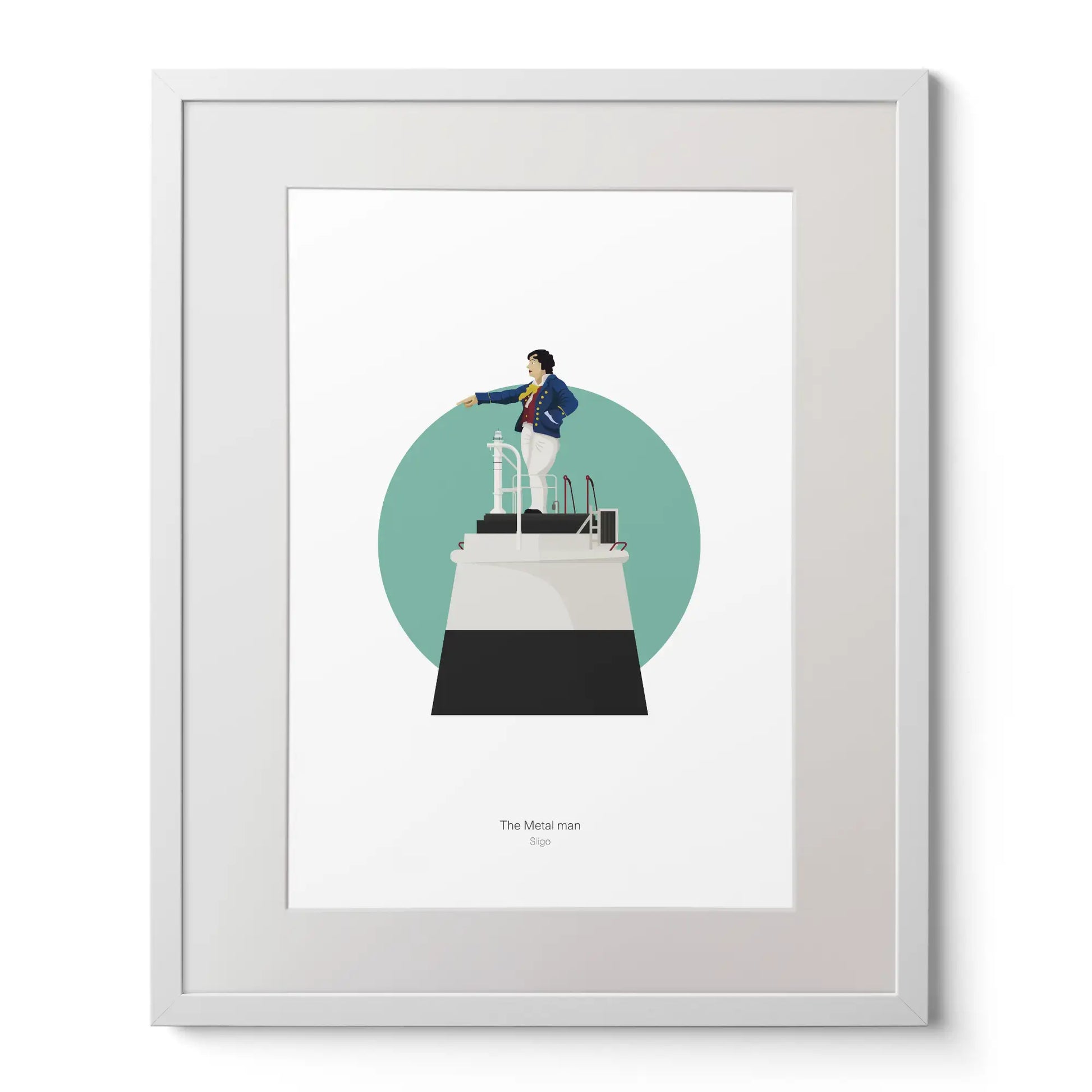 Contemporary graphic illustration of the Metal Man lighthouse on a white background inside light blue square,  in a white frame measuring 40x50cm.