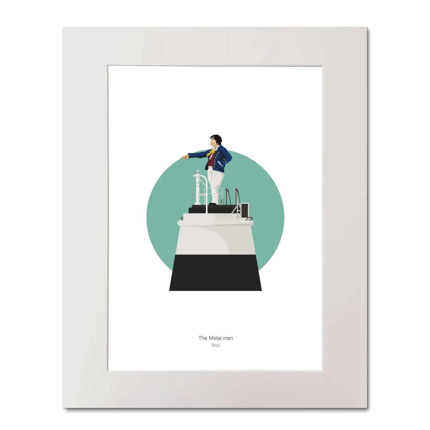 Contemporary graphic illustration of the Metal Man lighthouse on a white background inside light blue square, mounted and measuring 40x50cm.