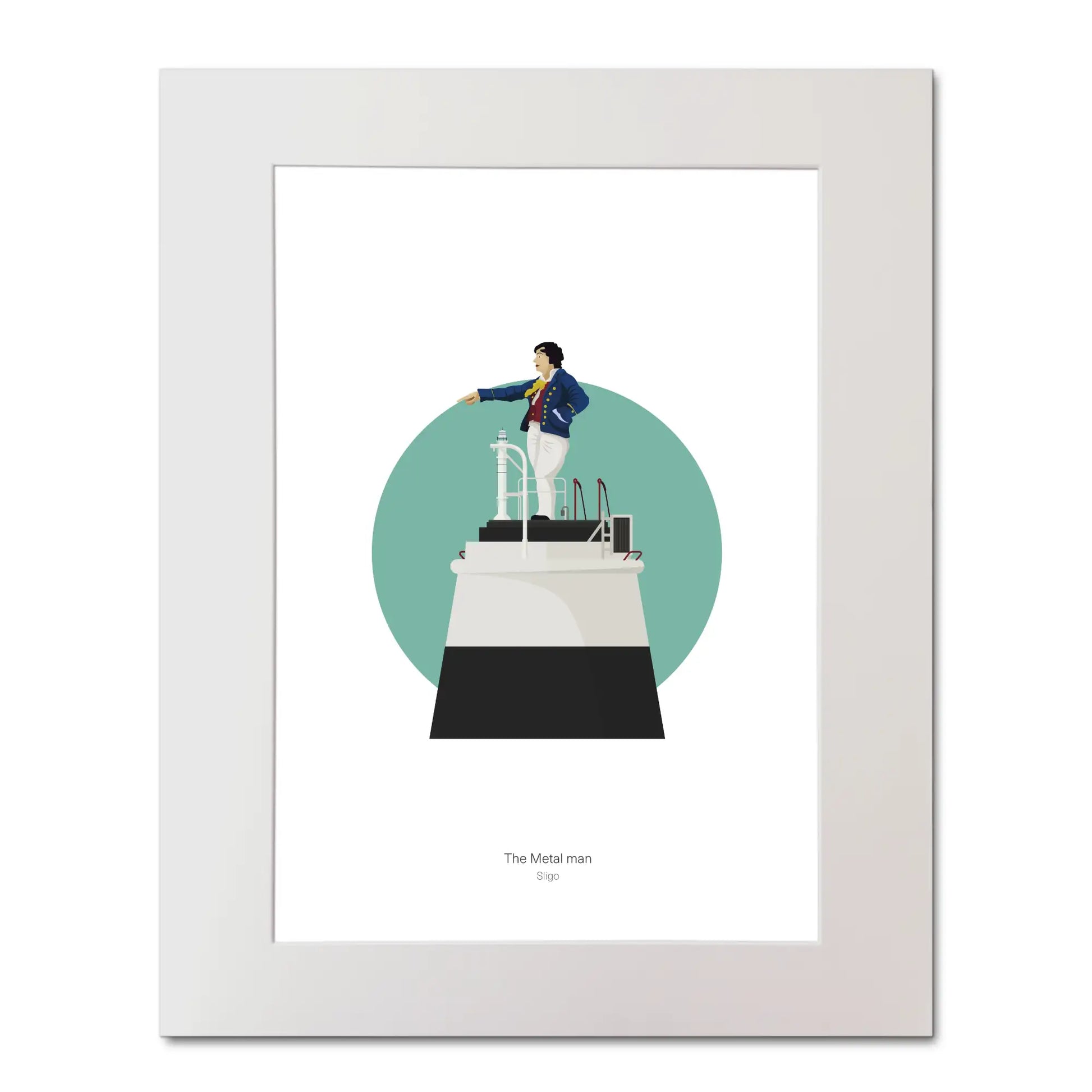 Contemporary graphic illustration of the Metal Man lighthouse on a white background inside light blue square, mounted and measuring 40x50cm.