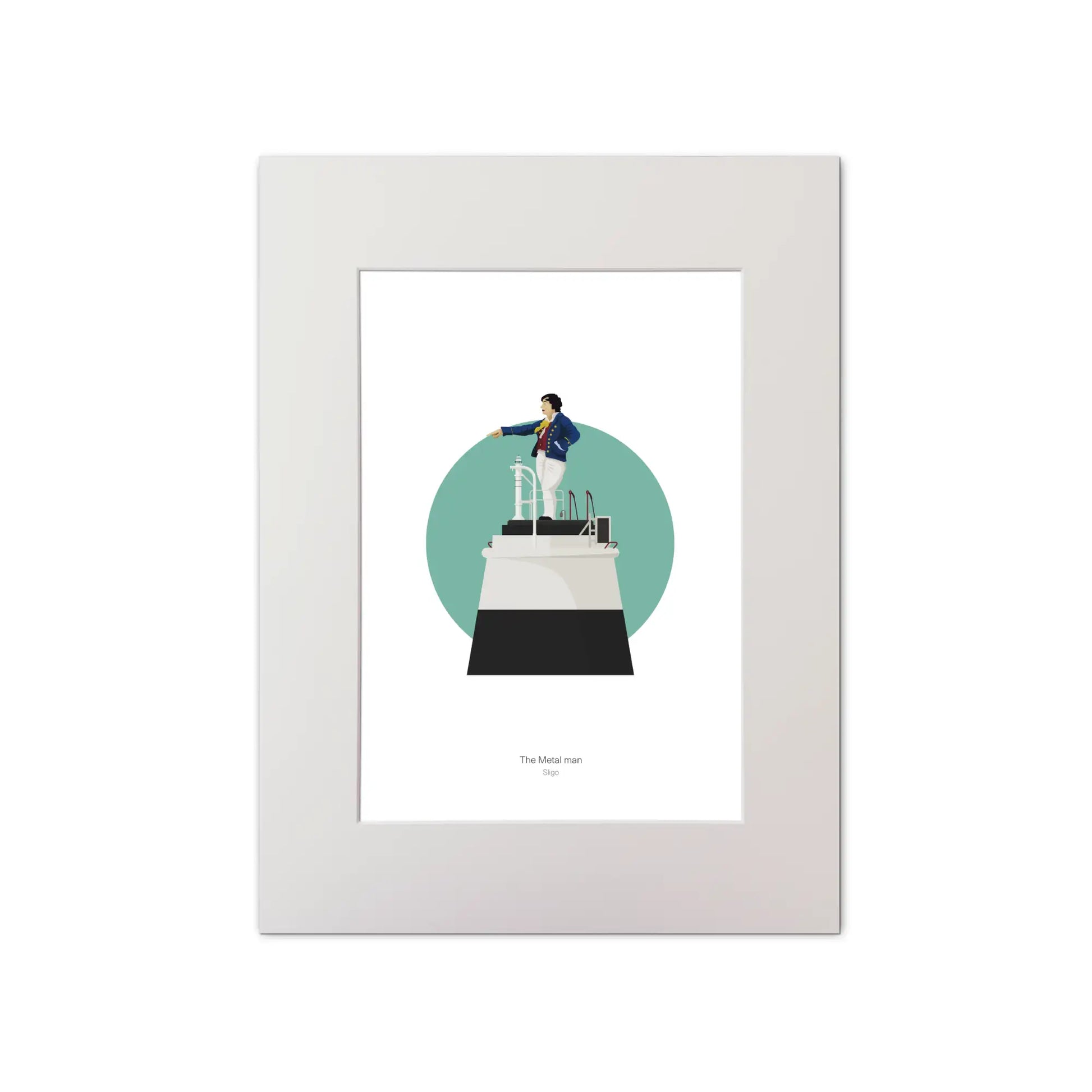 Contemporary graphic illustration of the Metal Man lighthouse on a white background inside light blue square, mounted and measuring 30x40cm.