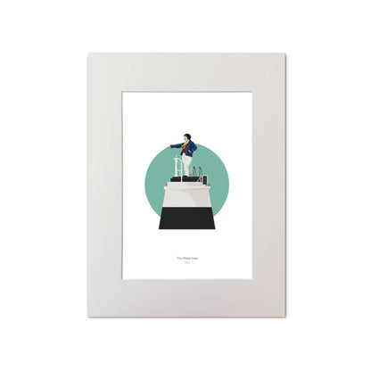 Contemporary graphic illustration of the Metal Man lighthouse on a white background inside light blue square, mounted and measuring 30x40cm.