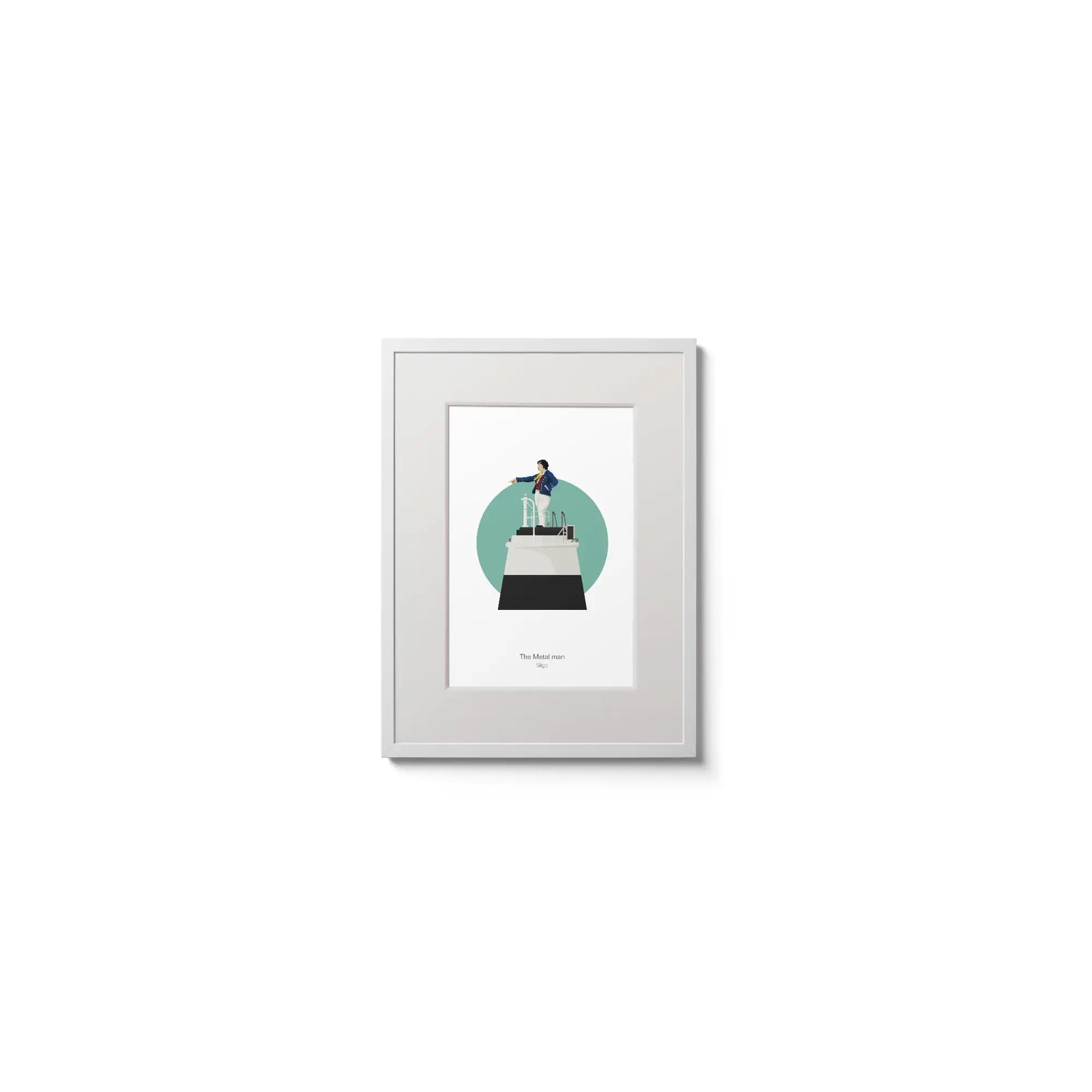Contemporary graphic illustration of the Metal Man lighthouse on a white background inside light blue square,  in a white frame measuring 30x40cm.