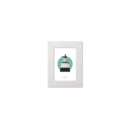 Contemporary graphic illustration of the Metal Man lighthouse on a white background inside light blue square, mounted and measuring 15x20cm.