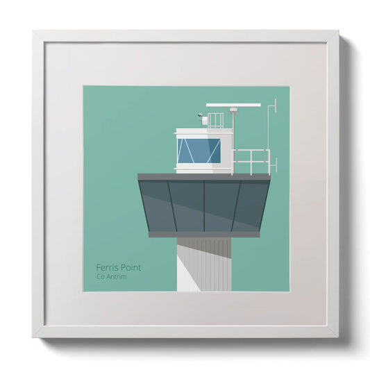 Illustration of Ferris Point lighthouse on an ocean green background,  in a white square frame measuring 30x30cm.