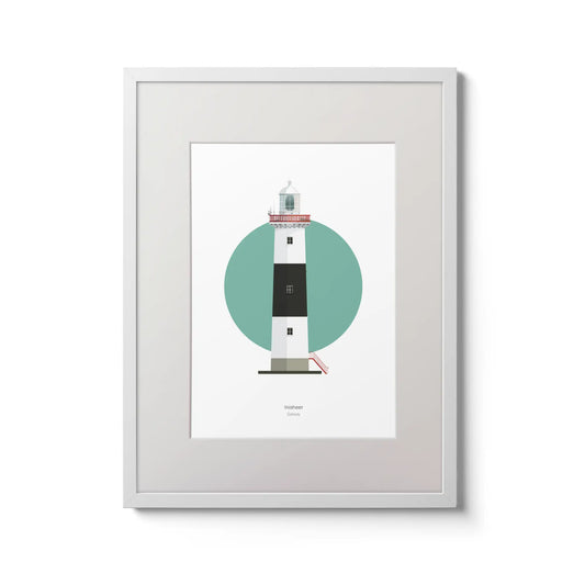 Contemporary wall art decor of Inisheer lighthouse on a white background inside light blue square,  in a white frame measuring 30x40cm.