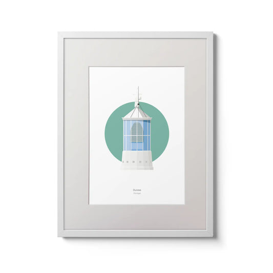 Contemporary wall art decor of Dunree lighthouse on a white background inside light blue square,  in a white frame measuring 30x40cm.