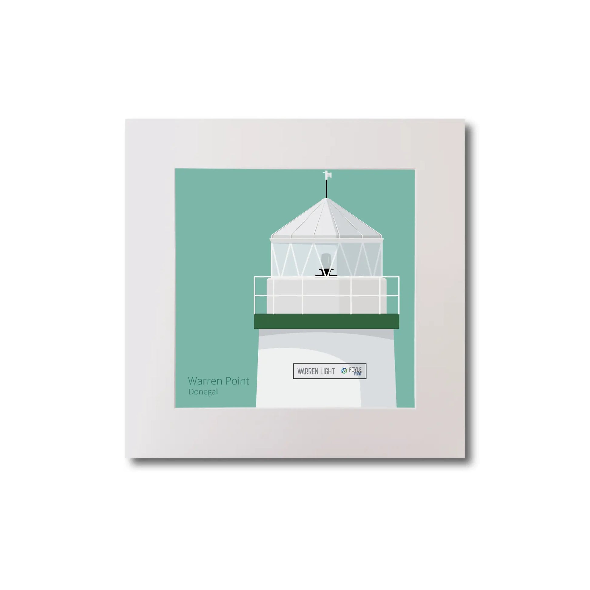 Illustration  Warren Point lighthouse on an ocean green background, mounted and measuring 20x20cm.