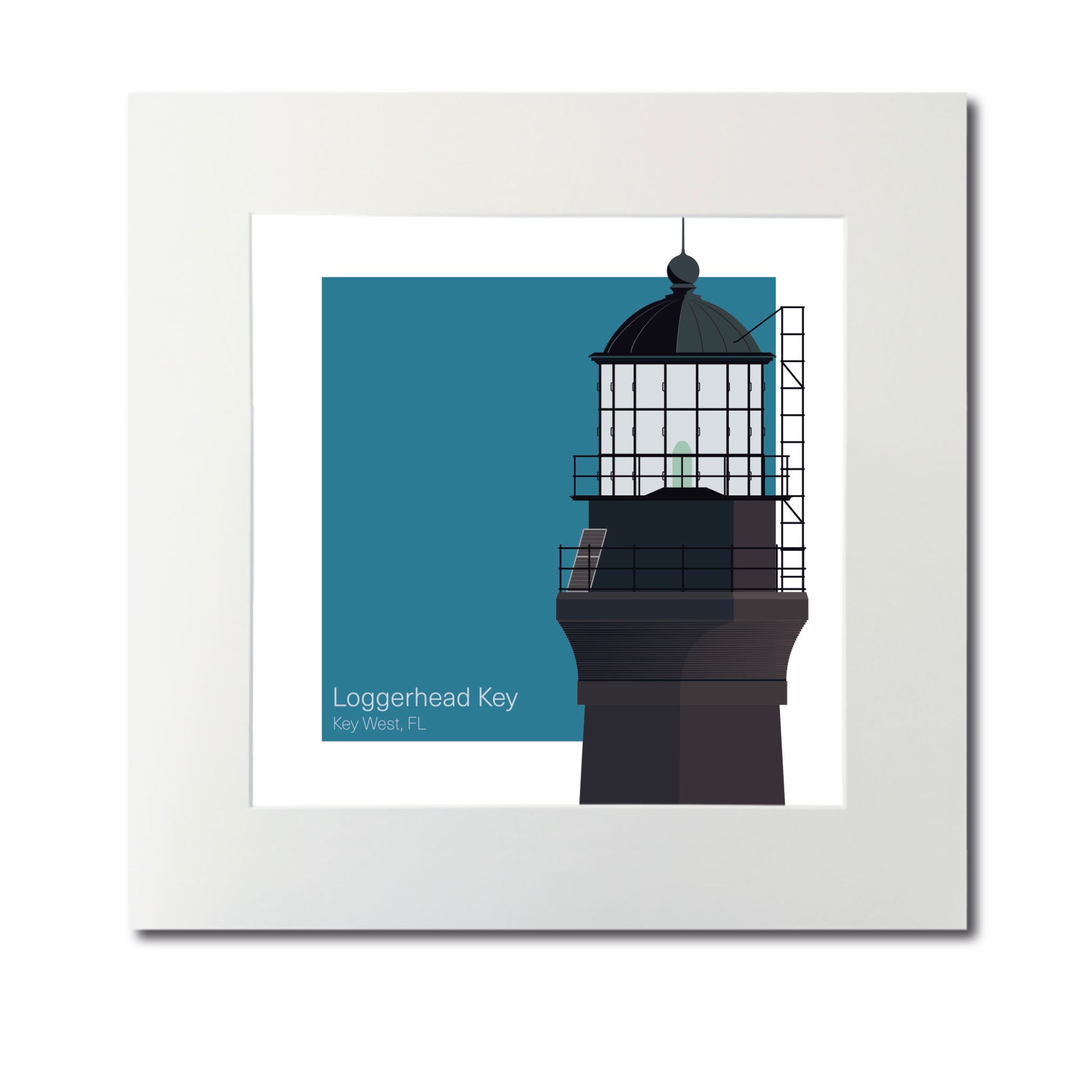Illustration of the Loggerhead lighthouse, FL, USA. On a white background with aqua blue square as a backdrop., mounted and measuring 12"x12" (30x30cm).