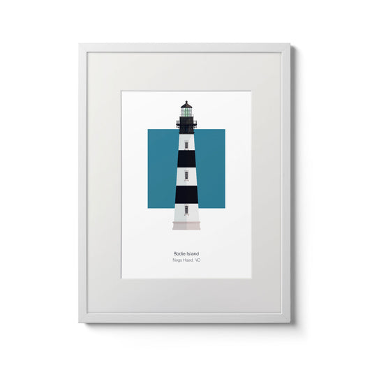 Illustration of the Bodie Island lighthouse, North Carolina, USA. On a white background with aqua blue square as a backdrop., in a white frame  and measuring 11"x14" (30x40cm).