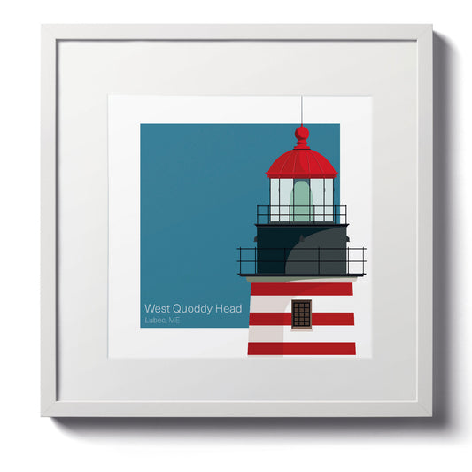 Illustration of the West Quoddy Head lighthouse, ME, USA. On a white background with aqua blue square as a backdrop., in a white frame  and measuring 12"x12" (30x30cm).